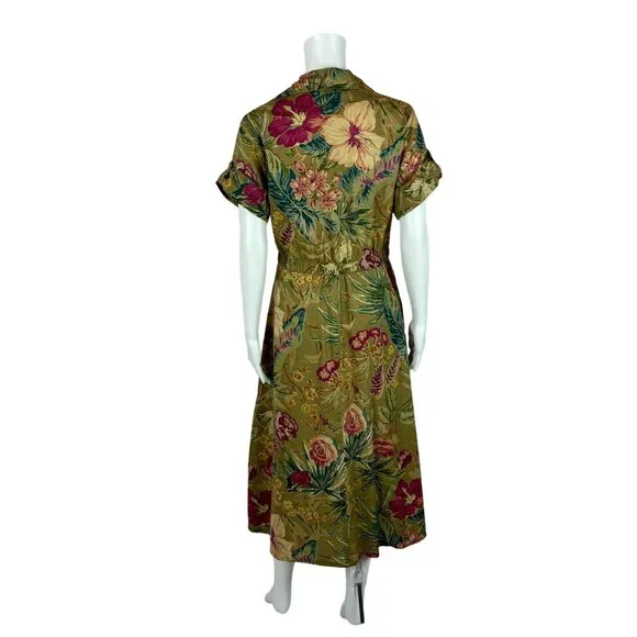 Vintage 70s Safari Dress Women's Medium Olive Hibiscus Floral Tea Length